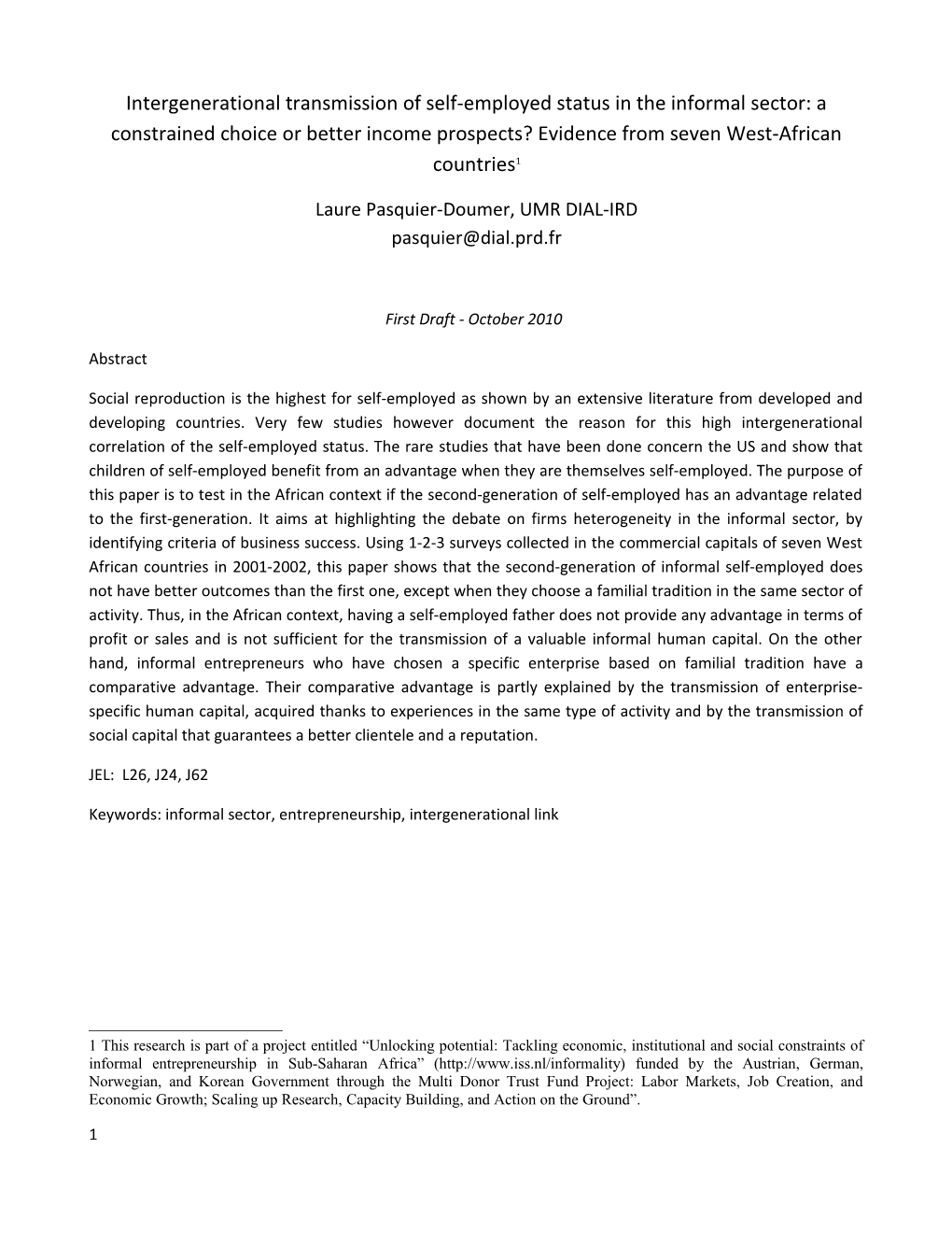 Intergenerational Transmission of Self-Employed Status in the Informal Sector: a Constrained