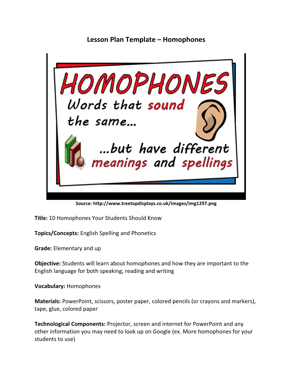 Lesson Plan Template Homophones