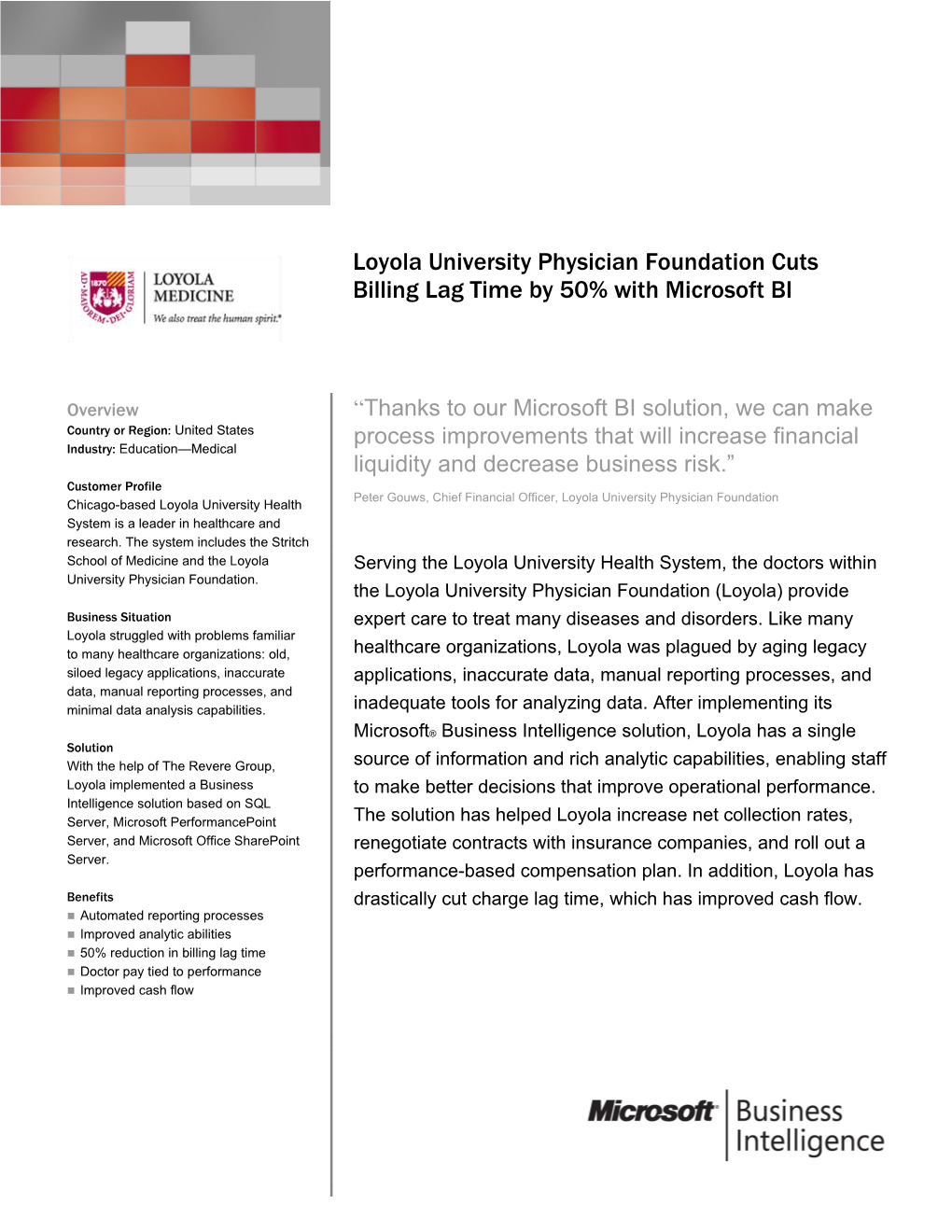 Loyola University Physician Foundation Cuts Billing Lag Time by 50% with Microsoft BI