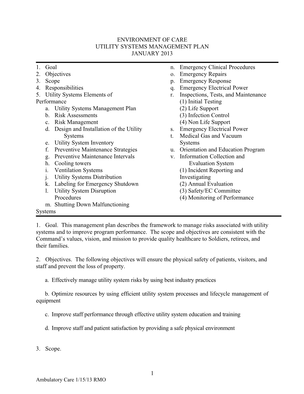 Medical Safety Template, 2013, SAC, EOC Utility Systems Management Plan