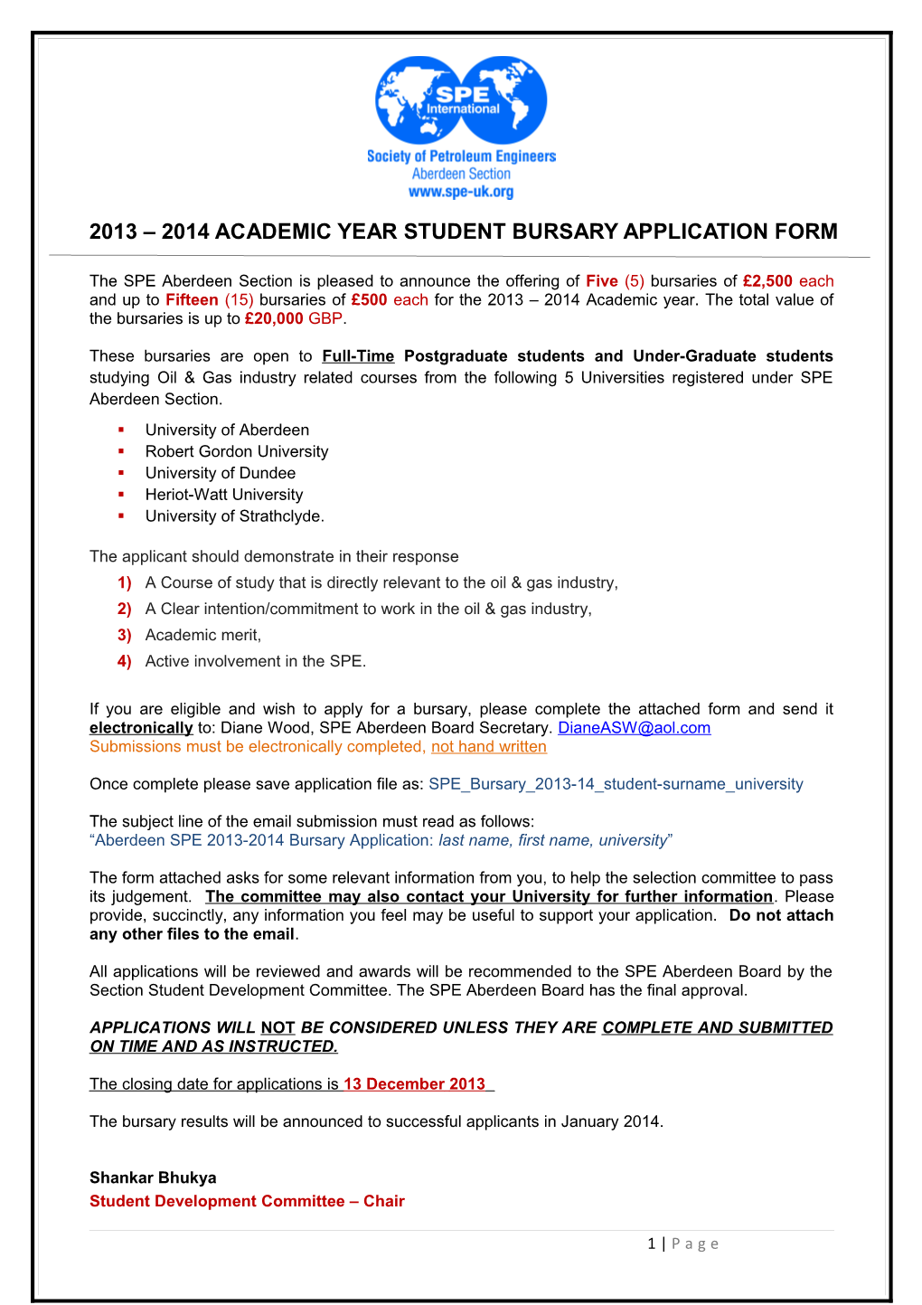 2013 2014 Academic Year Student Bursary Application Form