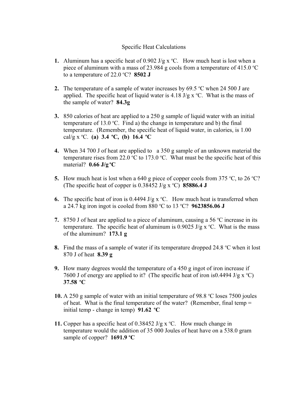 Specific Heat Calculations