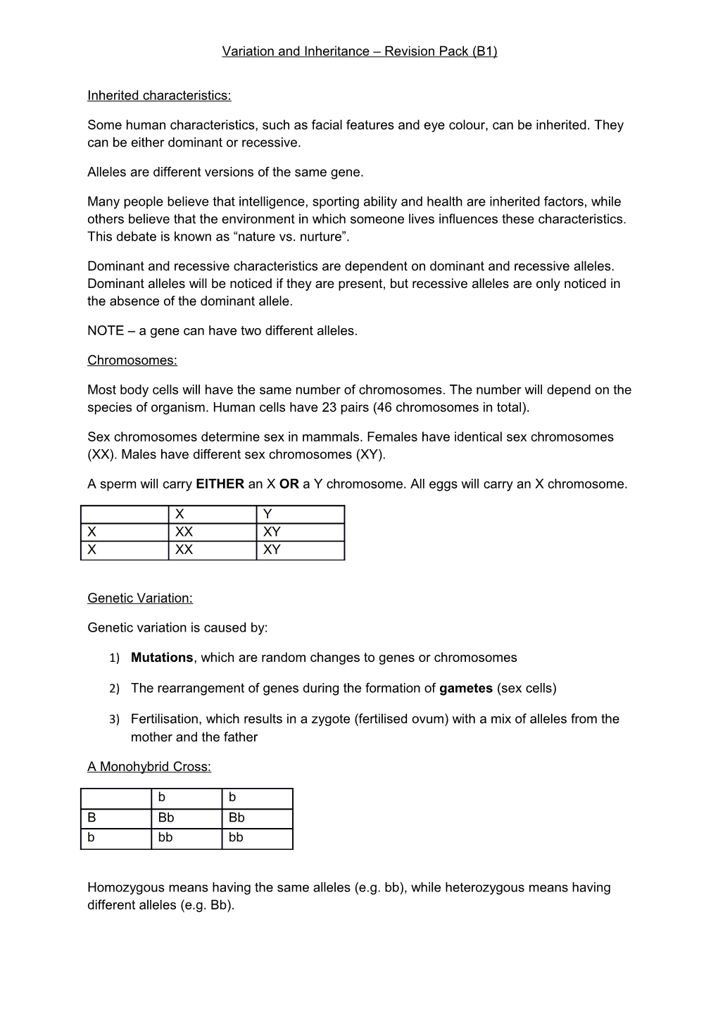 Variation and Inheritance Revision Pack (B1)