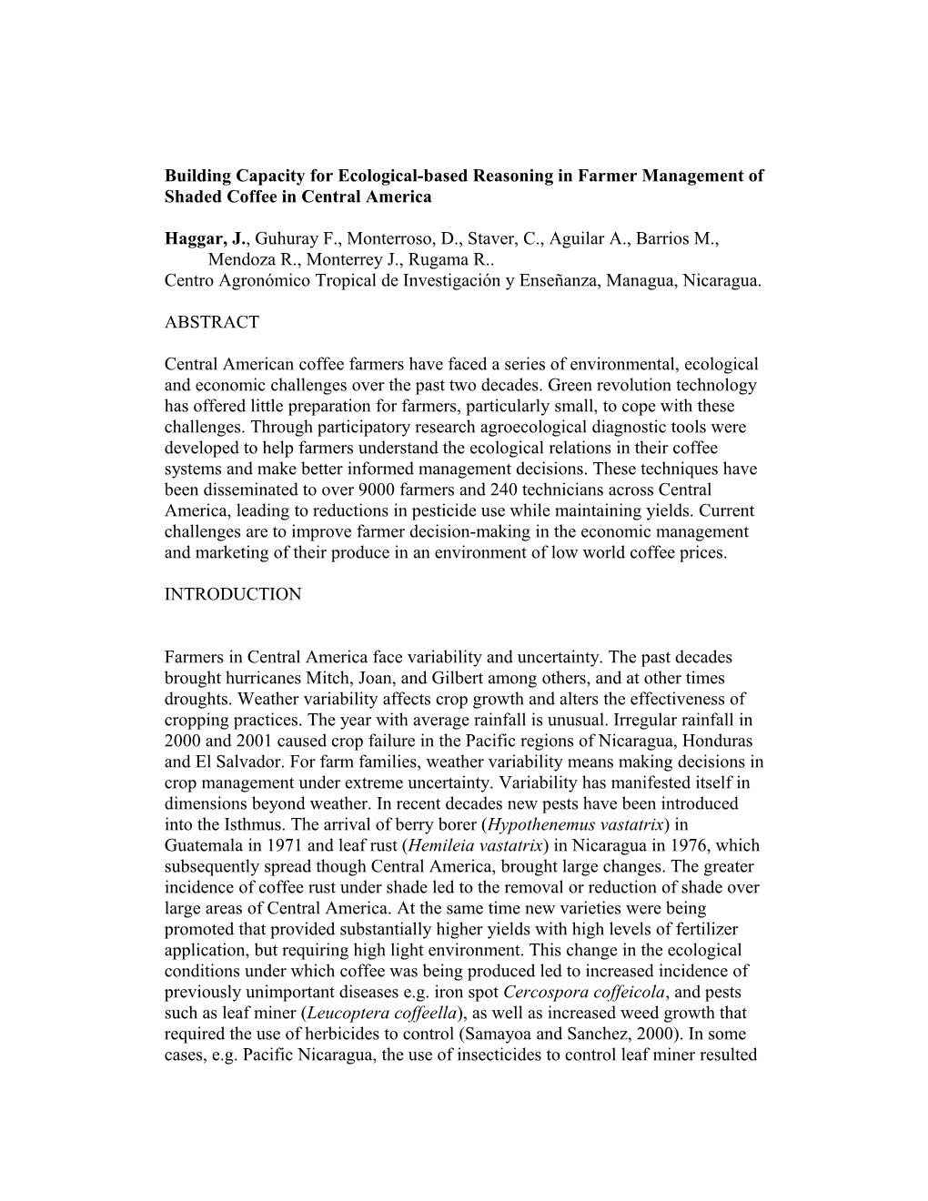 Creating Capacity for Ecological-Based Reasoning in the Management of Coffee in Central America