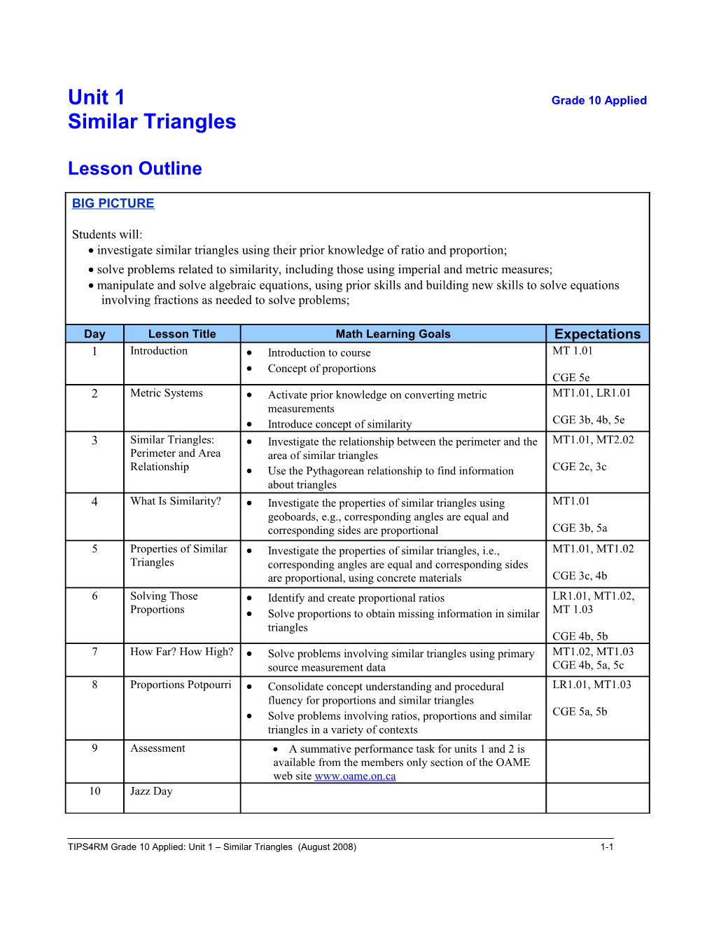 Unit 1 Grade 10 Applied