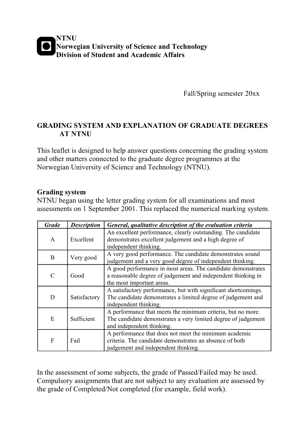 Grading System and Explanation of Graduate Degrees at Ntnu