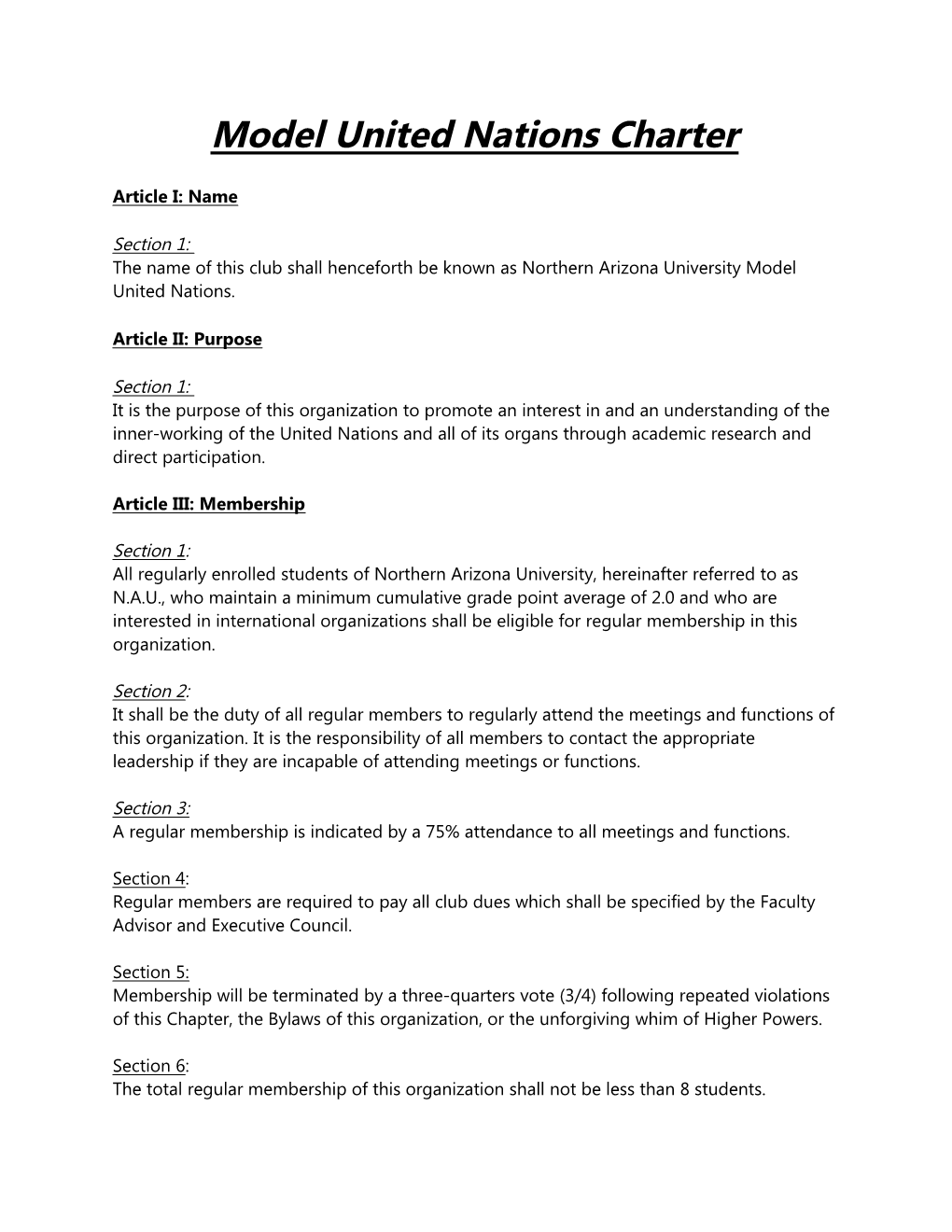 Model United Nations Charter
