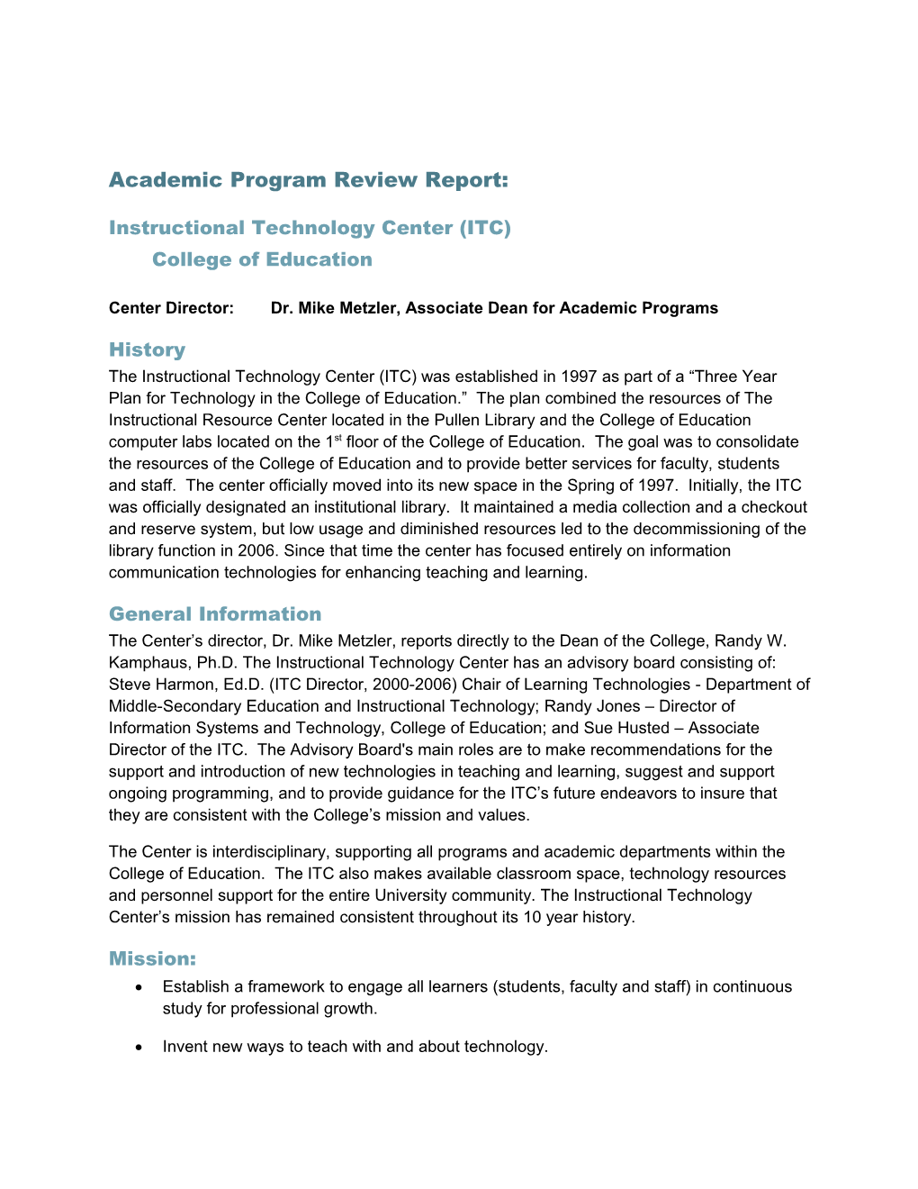 Academic Program Review Report: ITC