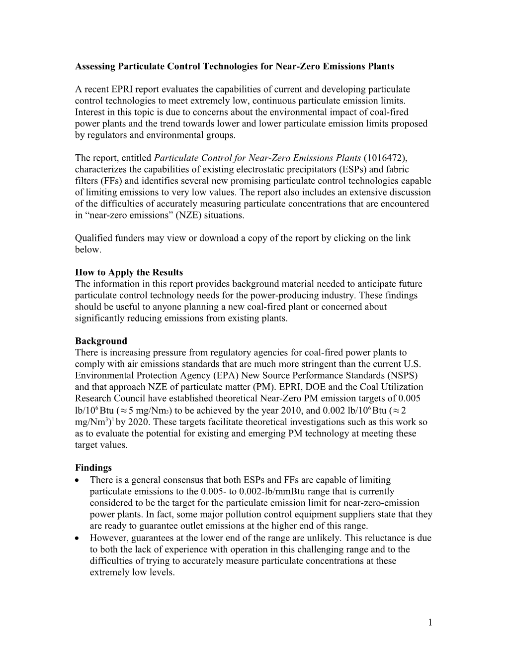 Assessing Particulate Control Technologies for Near-Zero Emissions Plants