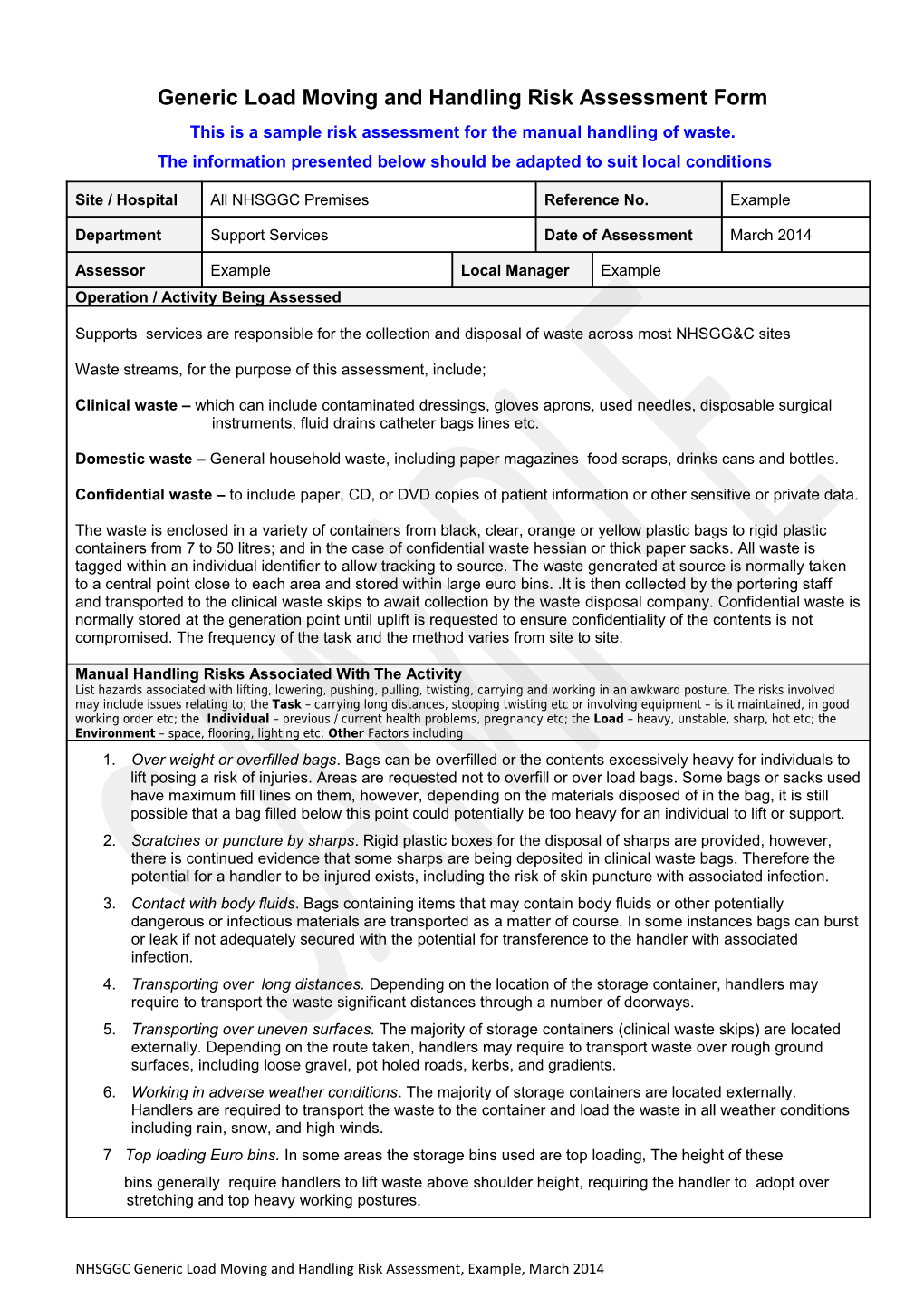 Generic Load Moving and Handling Risk Assessment Form