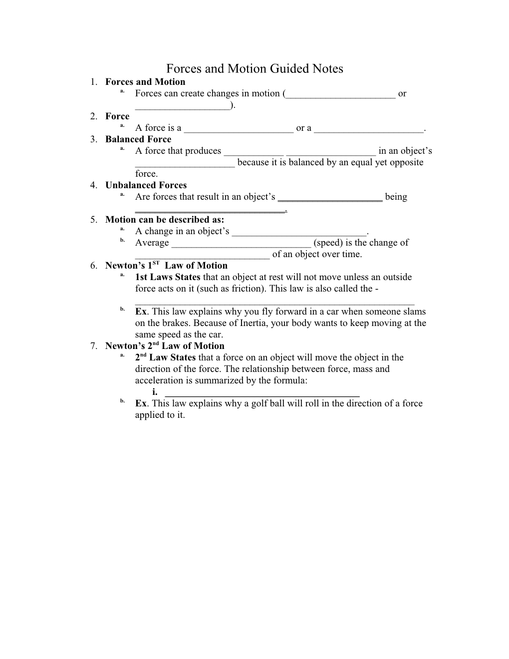 Forces and Motion Guided Notes