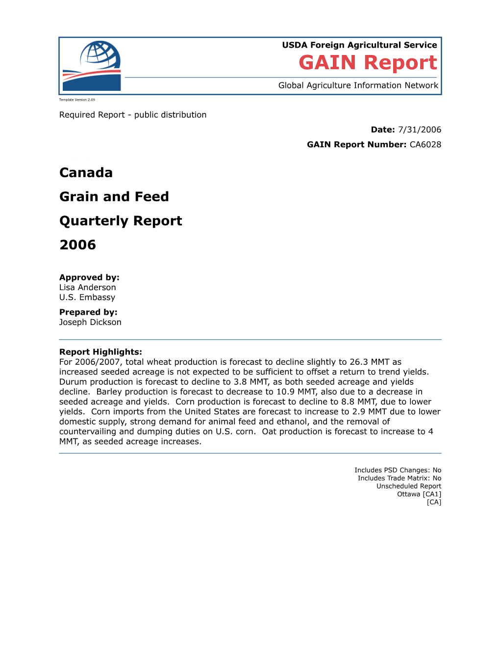 Grain and Feed Quarterly Report