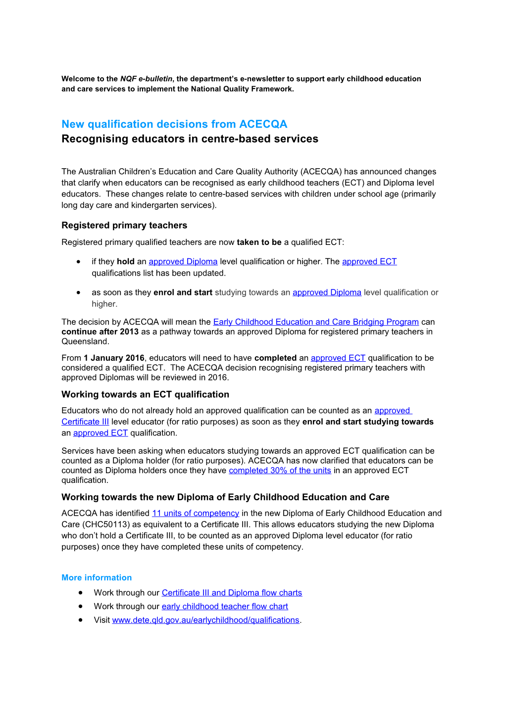 New Qualification Decisions from ACECQA Recognising Educators in Centre-Based Services