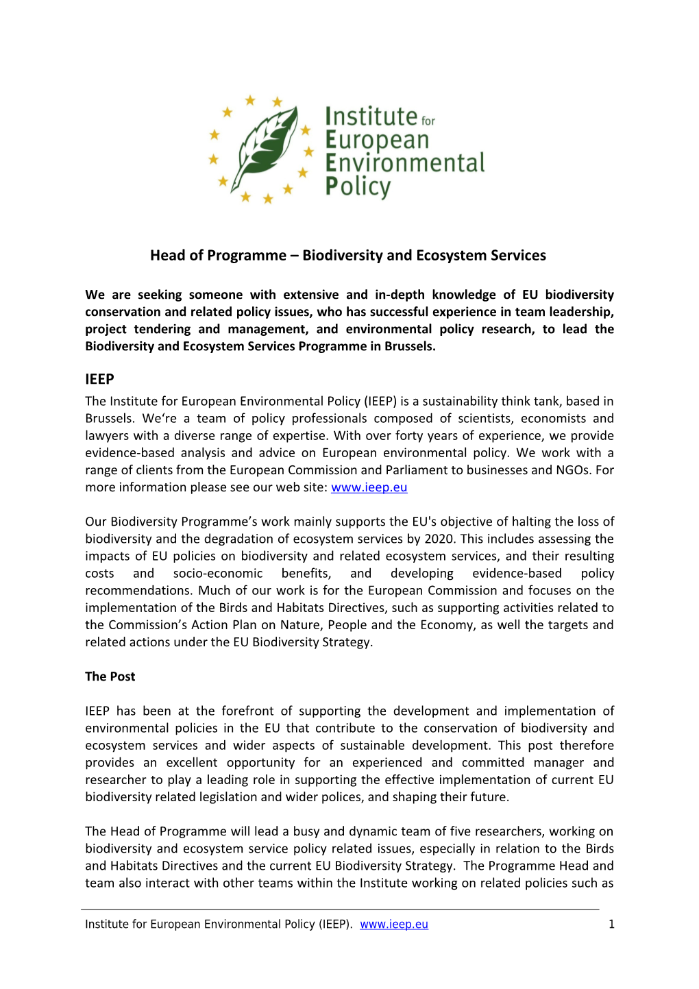 Head of Programme Biodiversity and Ecosystem Services