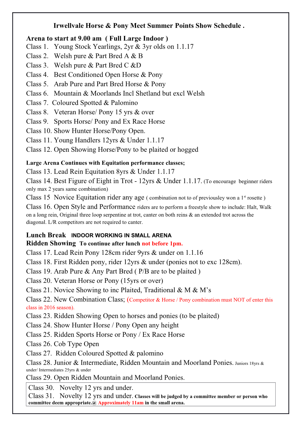 Irwellvale Horse & Pony Meet Summer Points Show Schedule