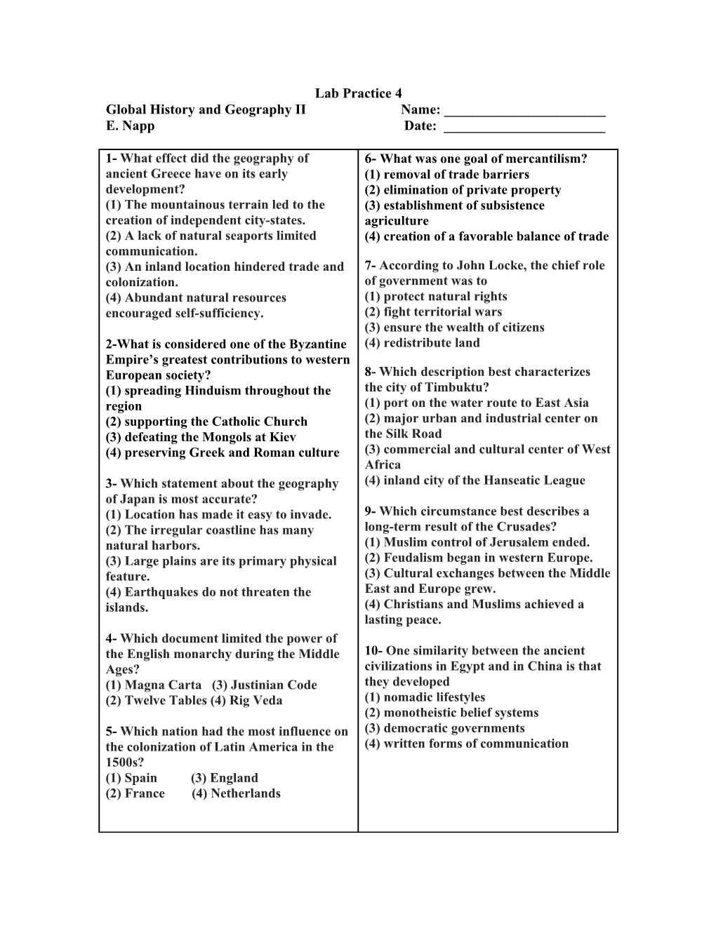 Global History and Geography II Name: ______