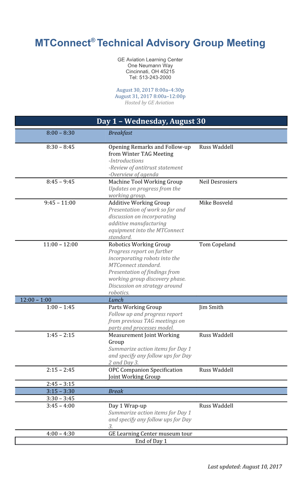 Mtconnect Technical Advisory Group Meeting