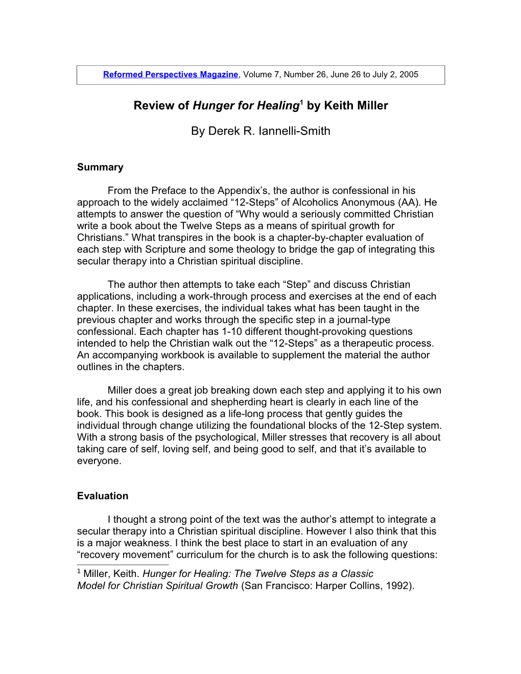 Review of Hunger for Healing 1 by Keith Miller