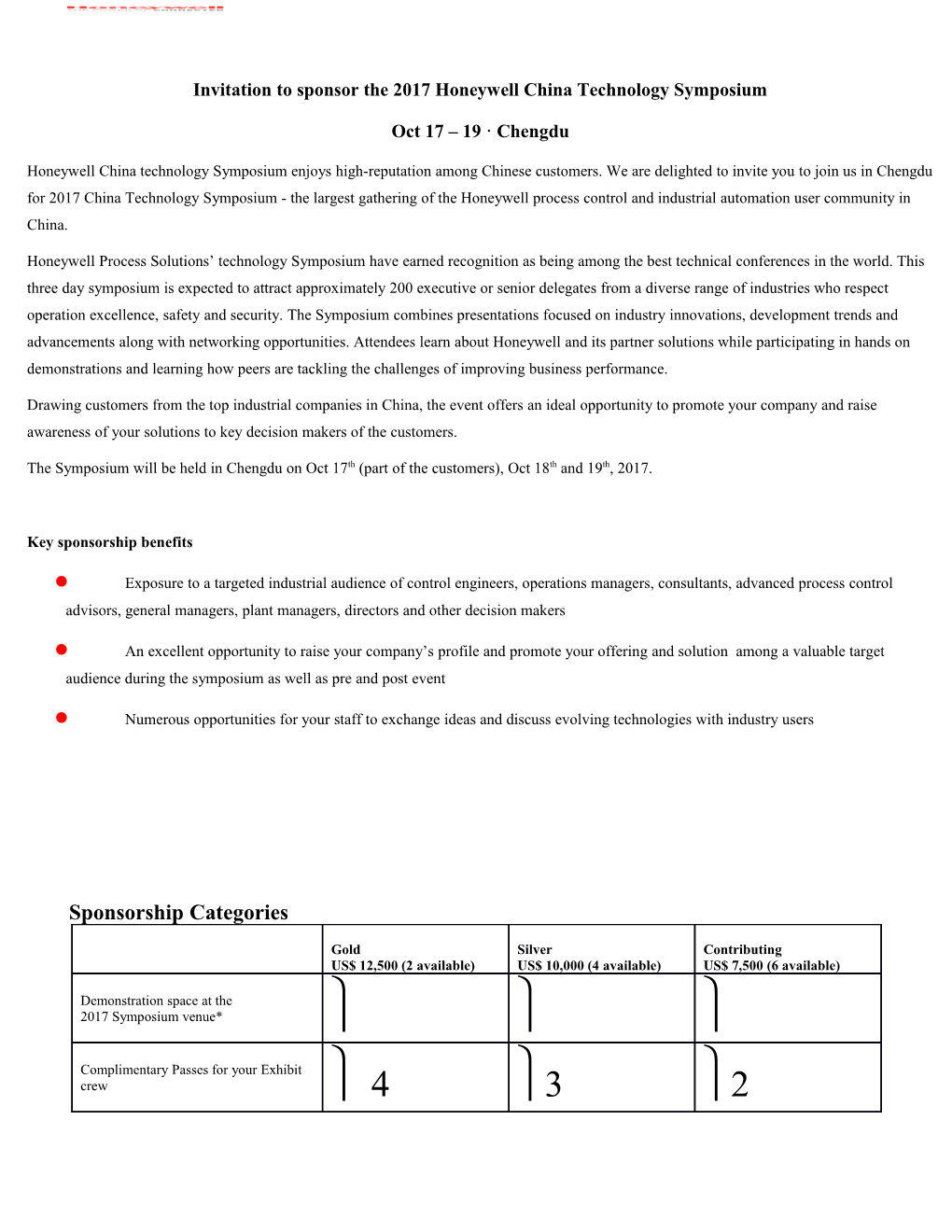Invitation to Sponsor the 2017 Honeywell China Technology Symposium