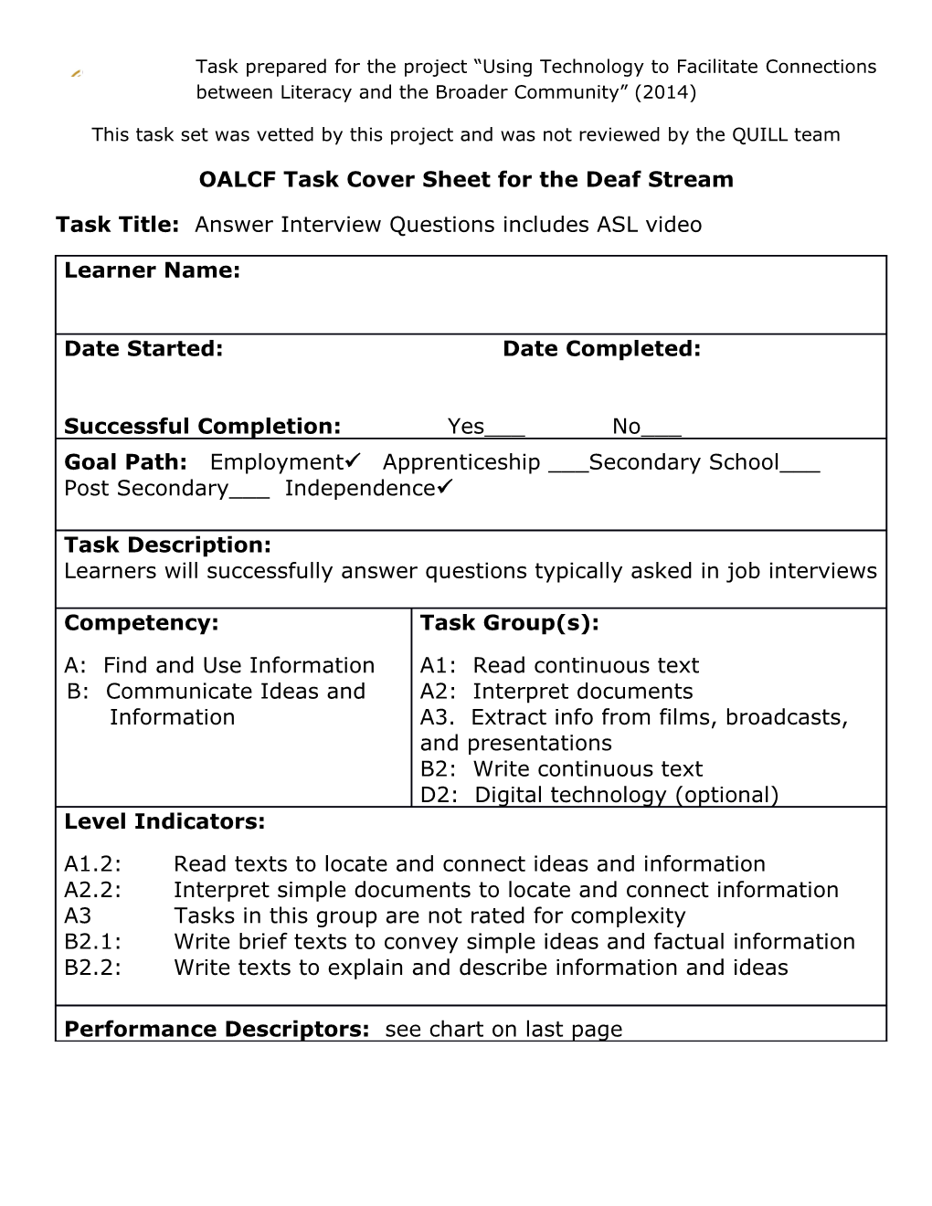 OALCF Task Cover Sheet for the Deaf Stream
