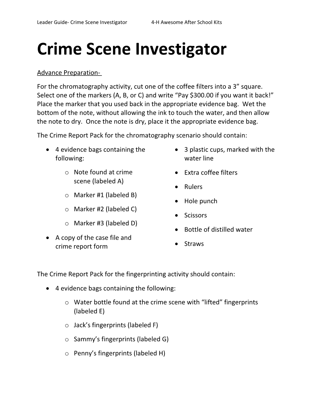 Leader Guide- Crime Scene Investigator 4-H Awesome After School Kits