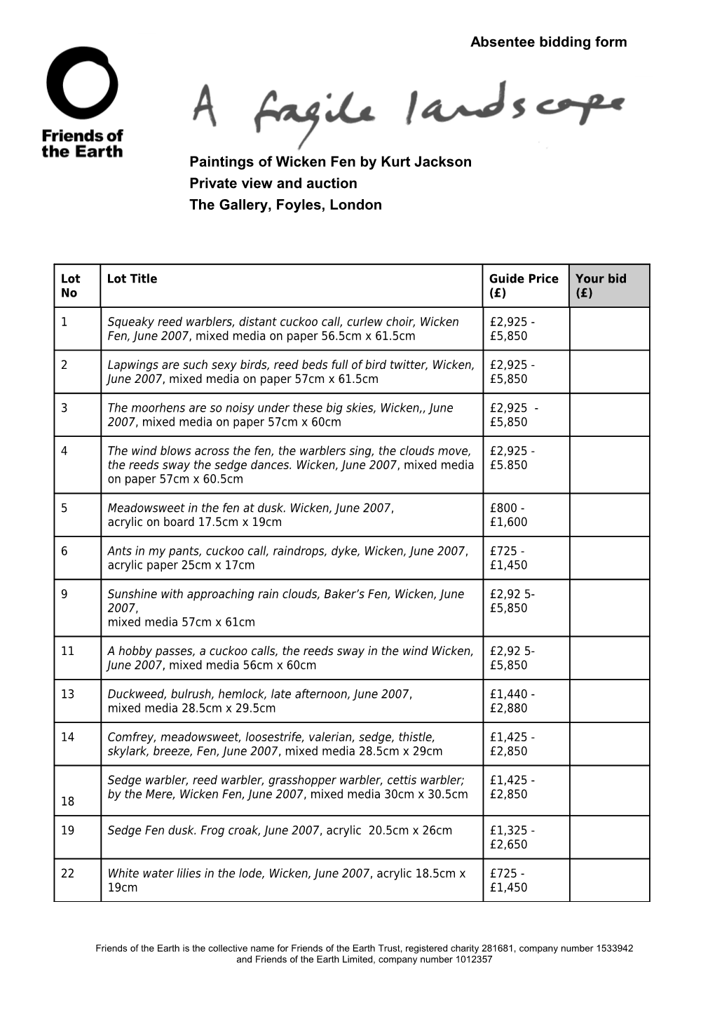 Bidding Form - Kurt Jackson Auction