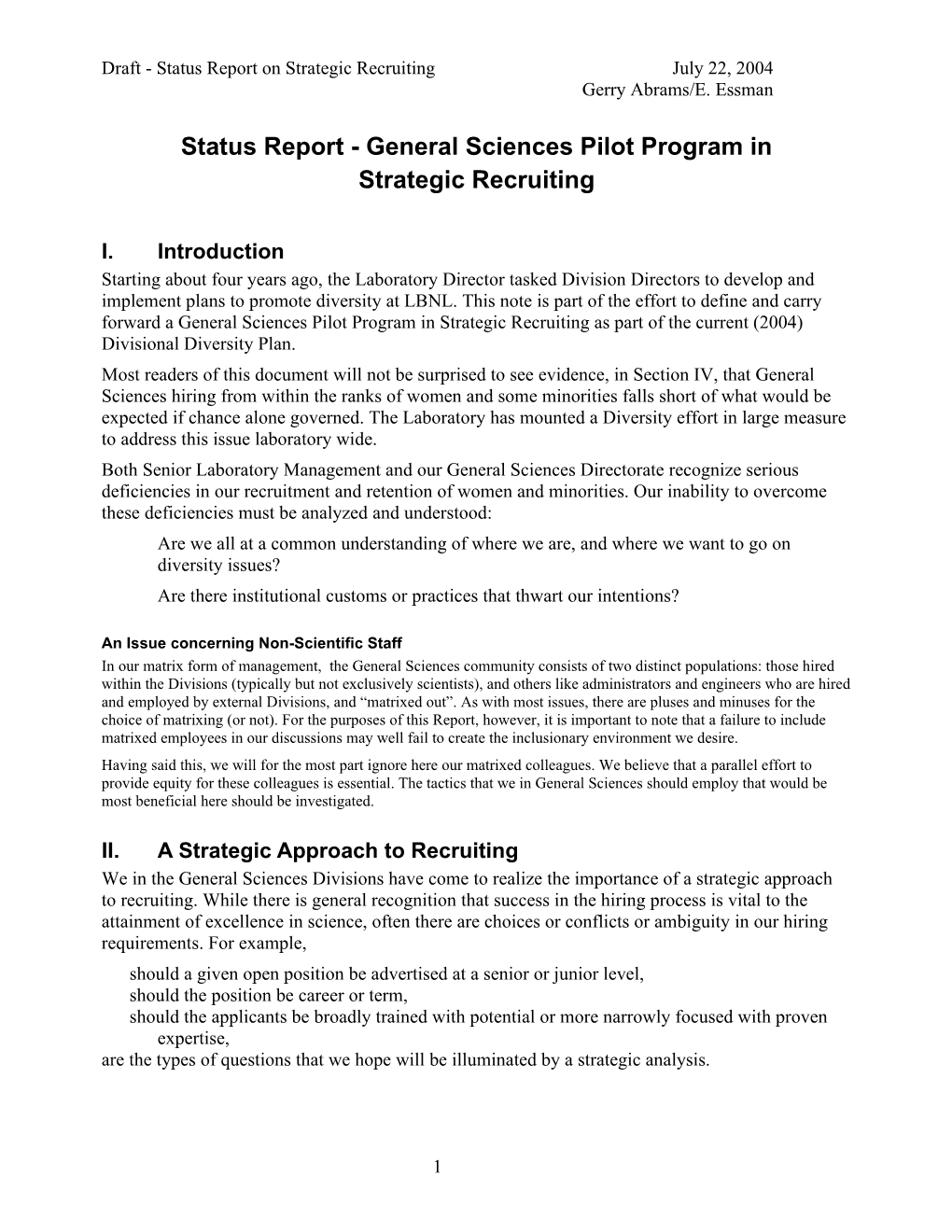 Status Report - General Sciences Pilot Program in Strategic Recruiting