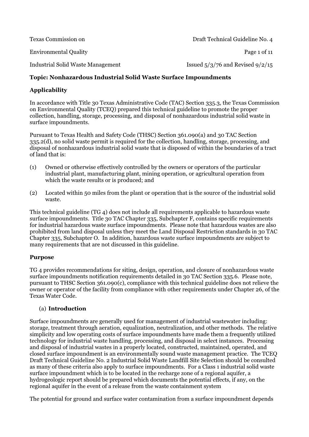 Texas Commission on Draft Technical Guideline No. 4