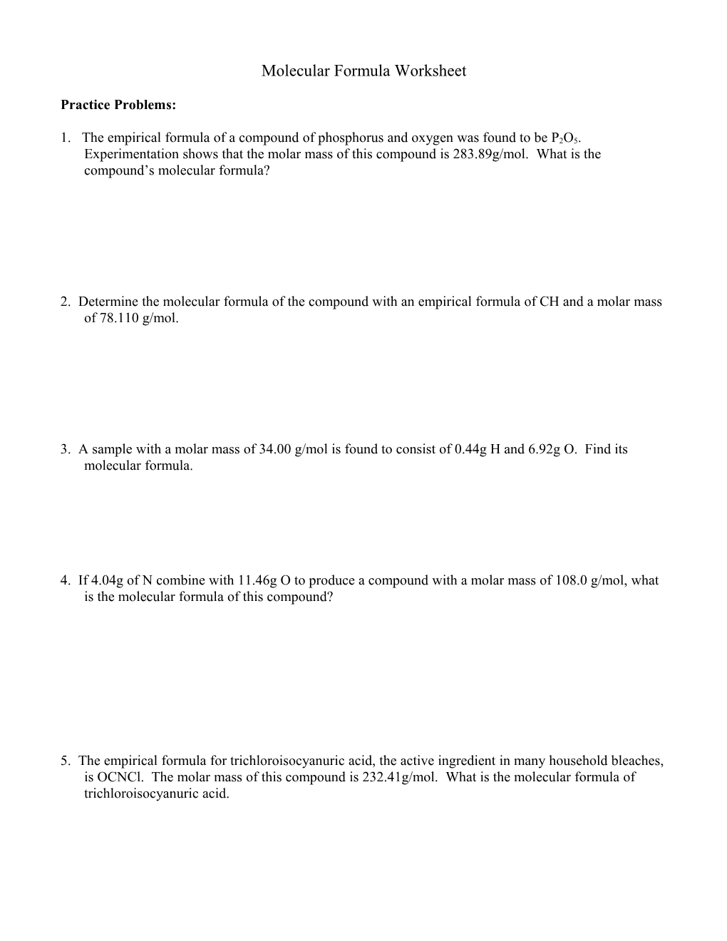 Molecular Formula Worksheet