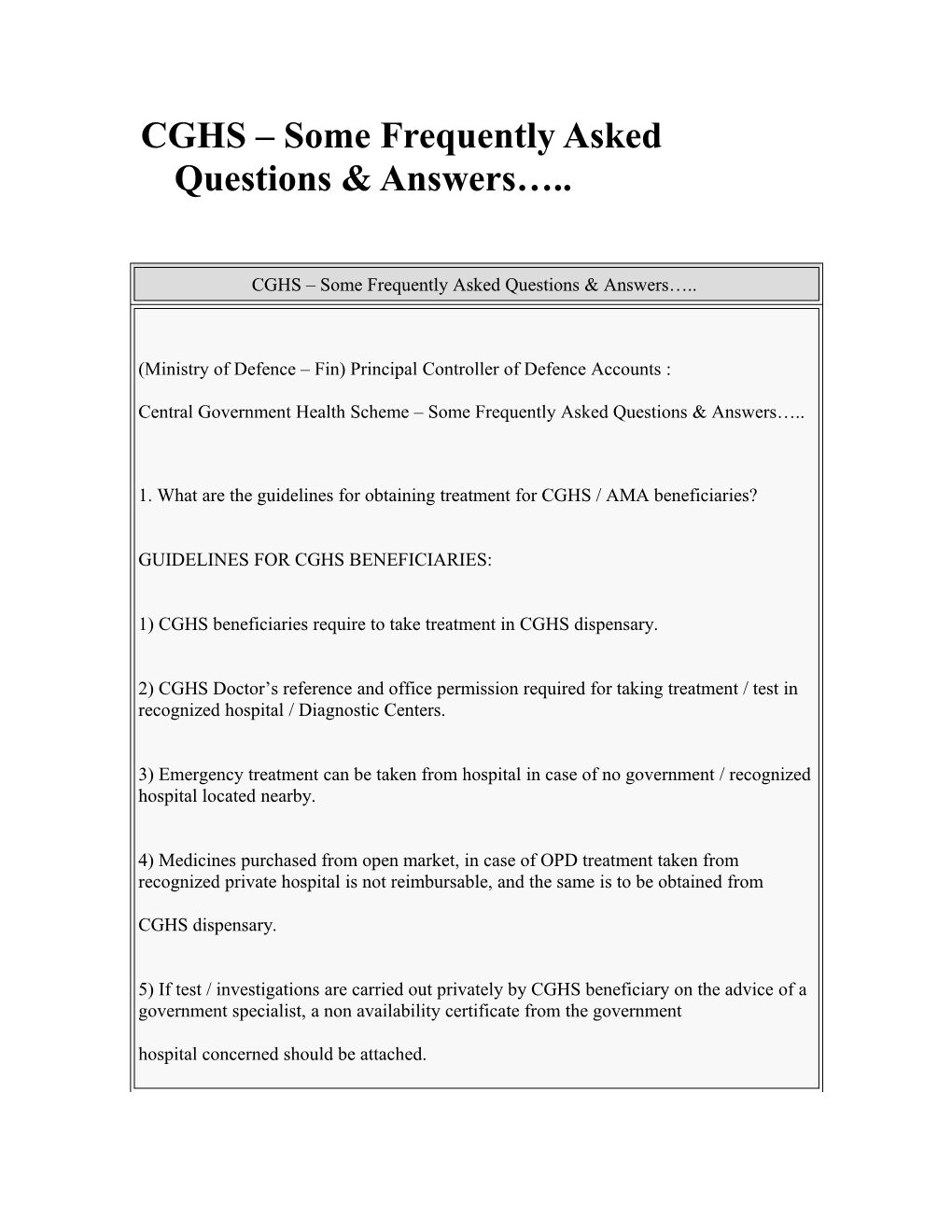 CGHS Some Frequently Asked Questions & Answers