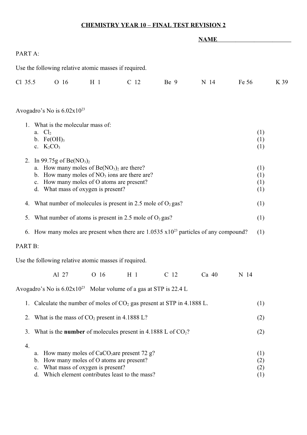 Chemistry Year 10 Final Test Revision