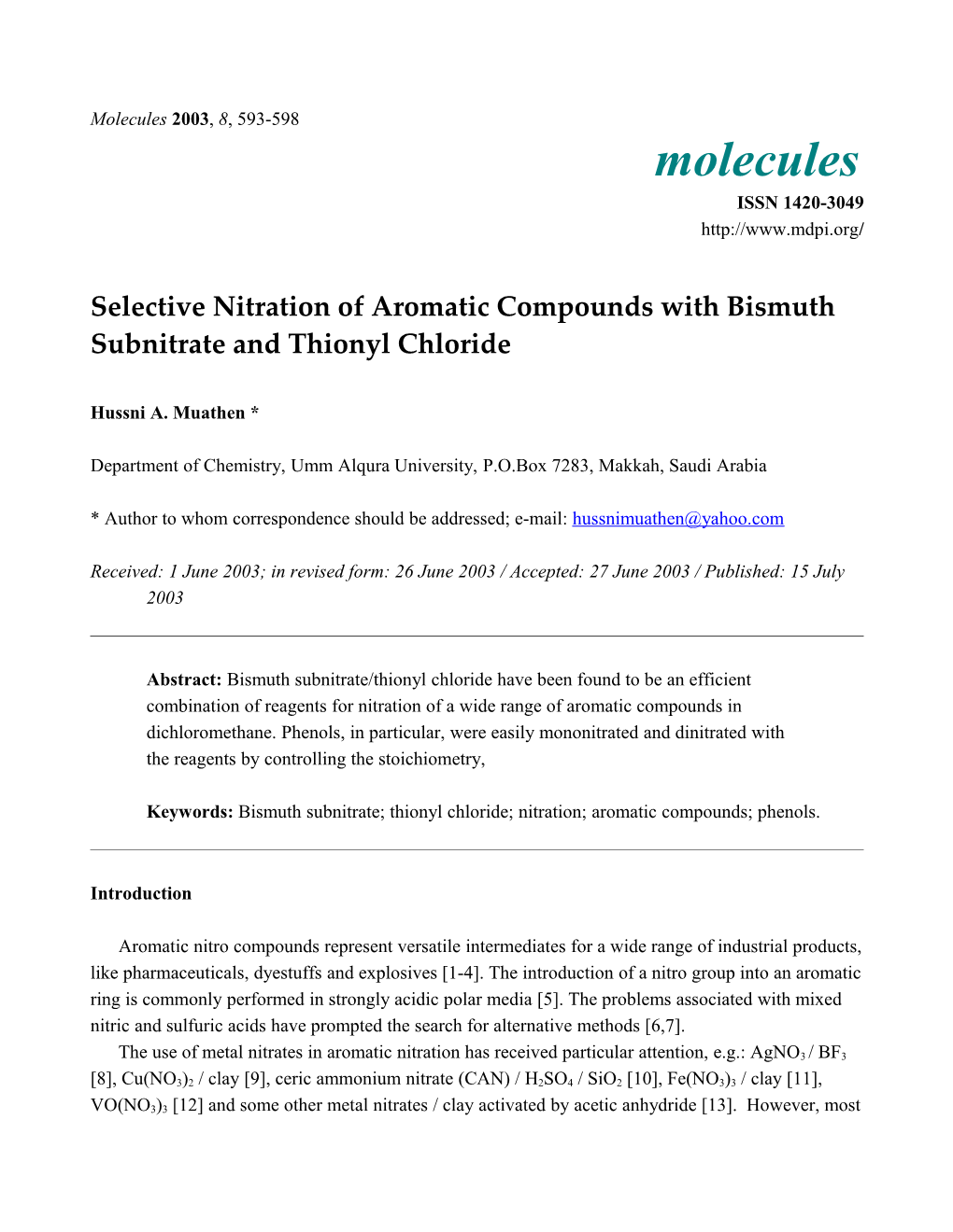 Selective Narration of Aromatic Compounds with Bismuth Subnitrate and Thionyl Chloride