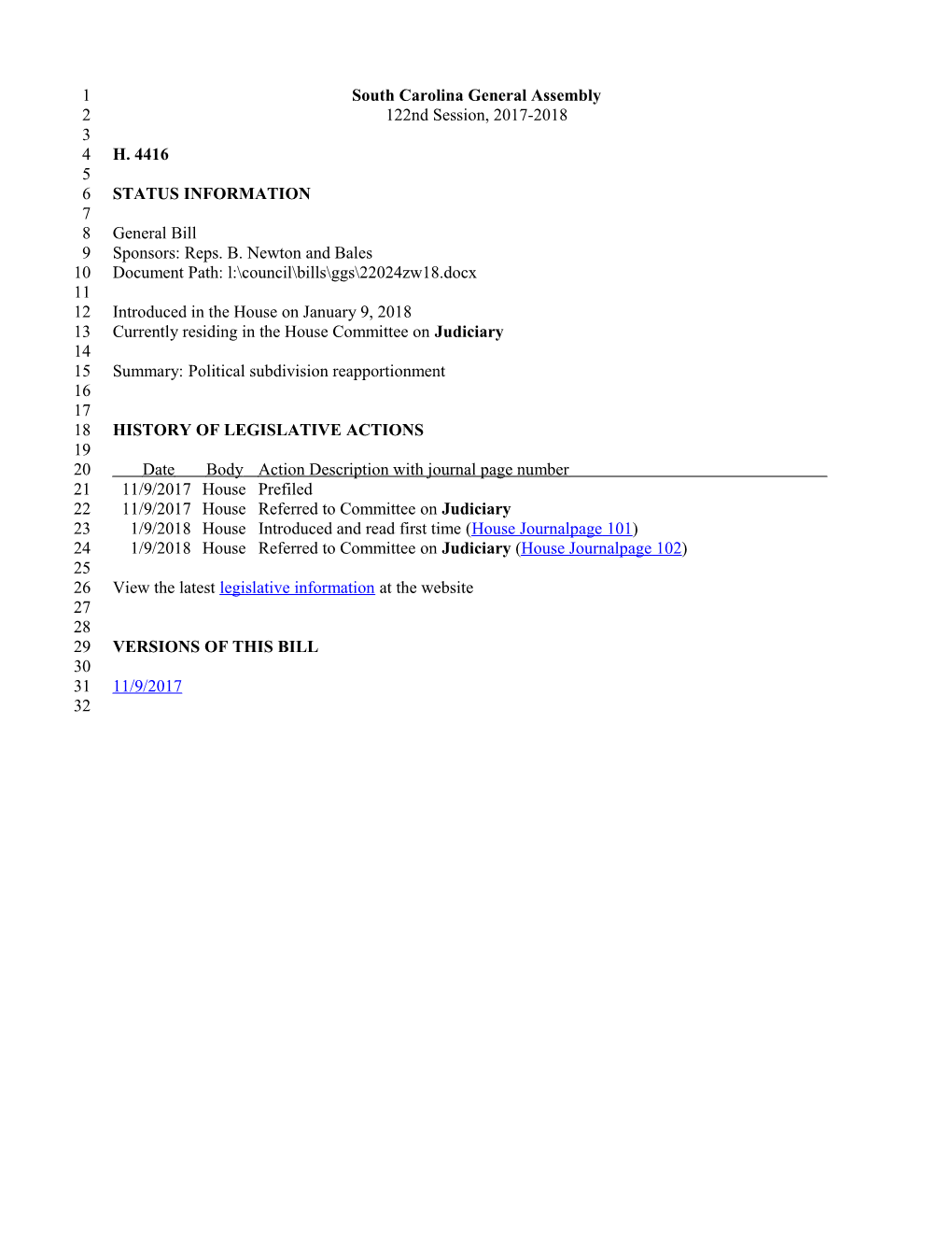 2017-2018 Bill 4416: Political Subdivision Reapportionment - South Carolina Legislature Online