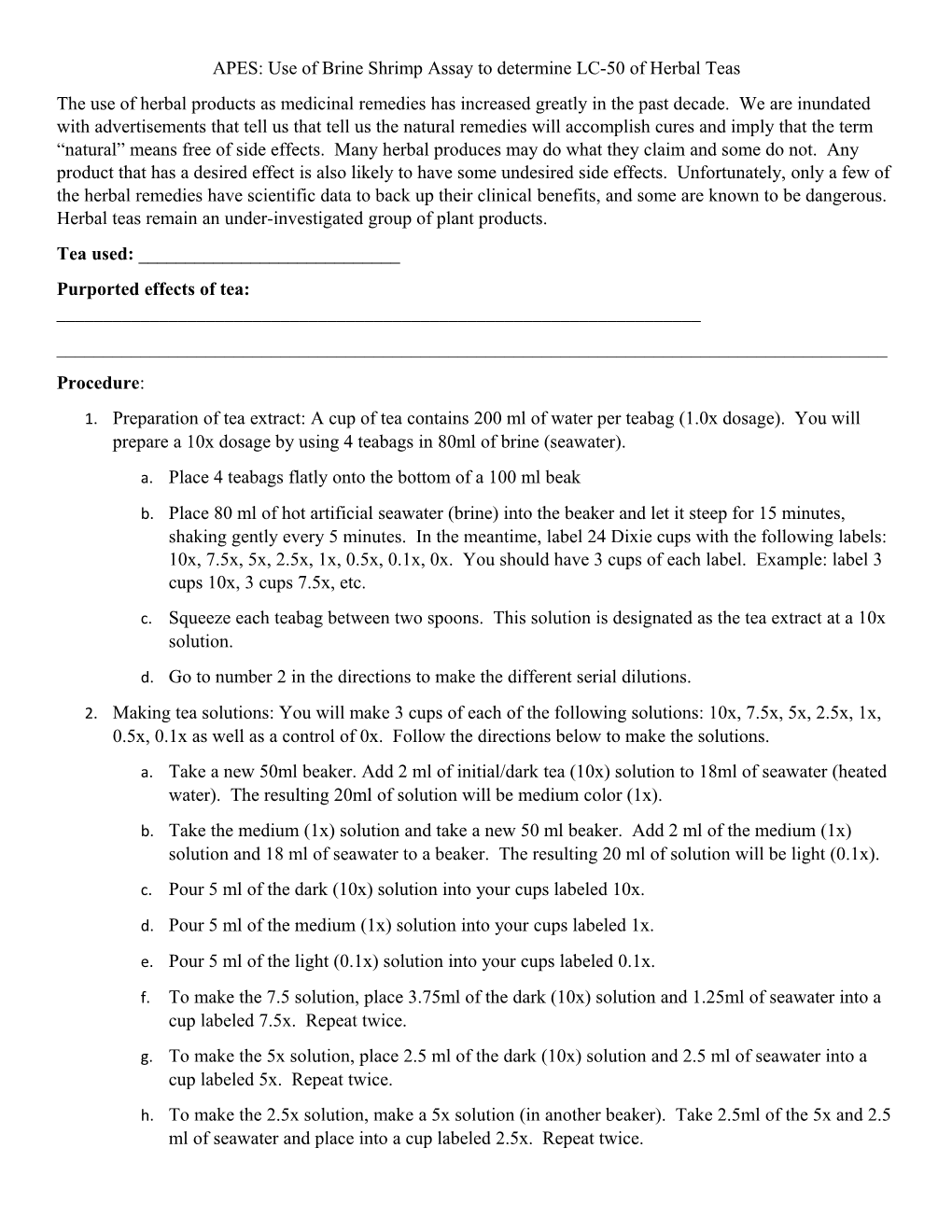 APES: Use of Brine Shrimp Assay to Determine LC-50 of Herbal Teas