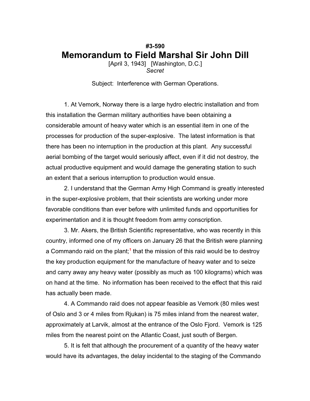 Memorandum to Field Marshal Sir John Dill