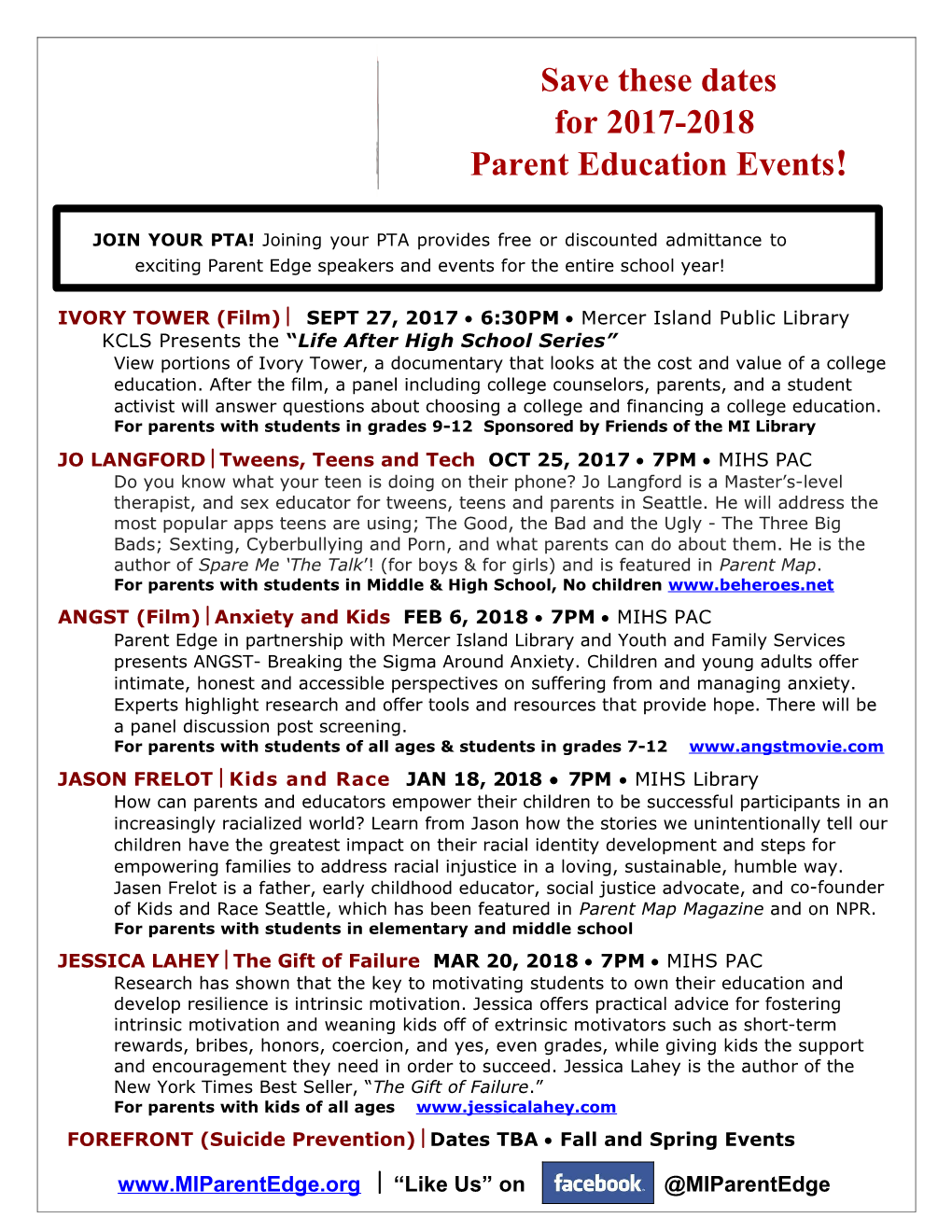 Parent Education Events!
