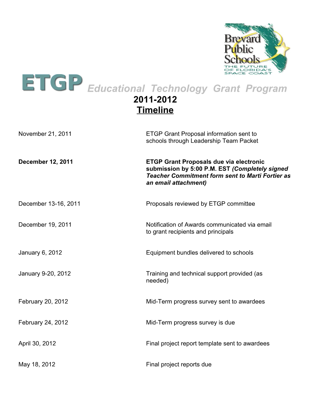 December 12, 2011 ETGP Grant Proposals Due Via Electronic