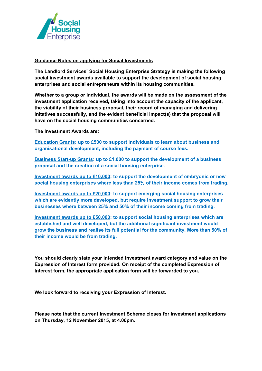 Guidance Notes on Applying for Social Investments