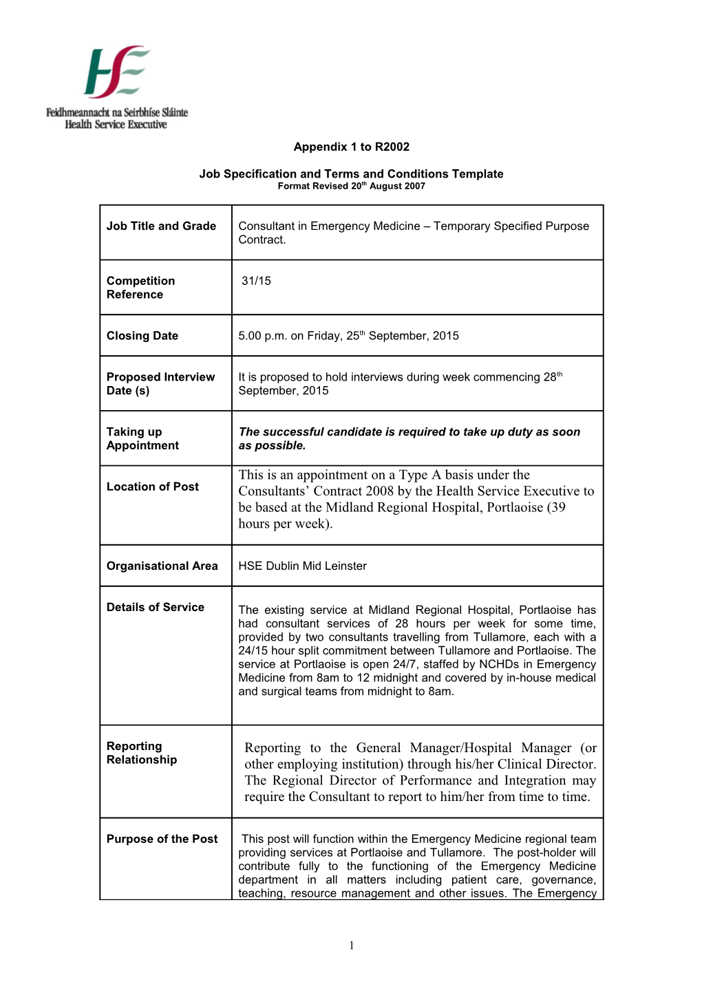Job Specificationand Terms and Conditions Template