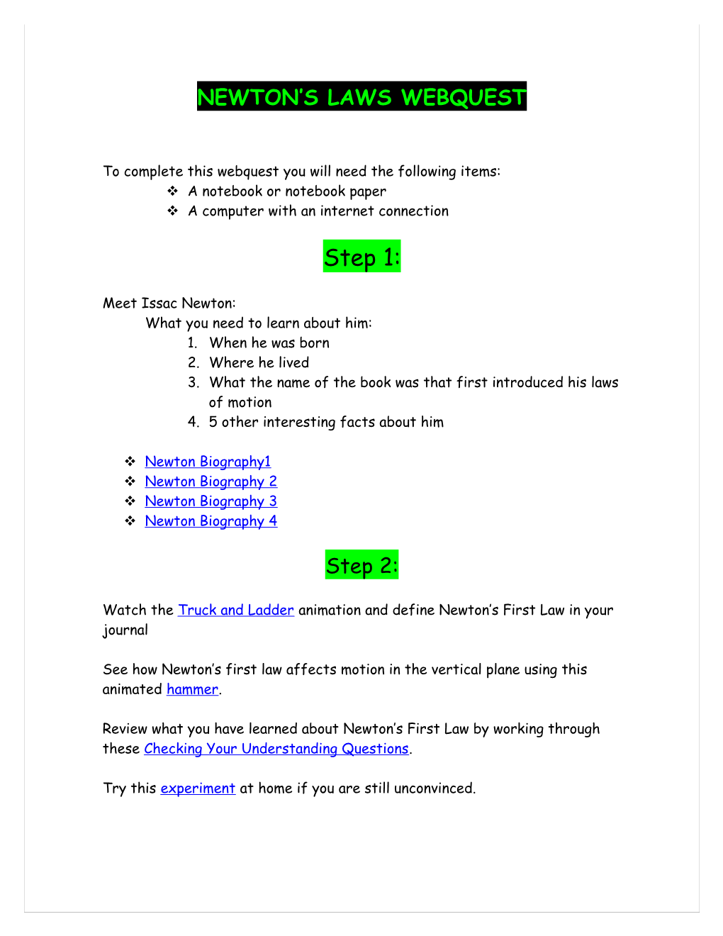 Newton S Laws Webquest