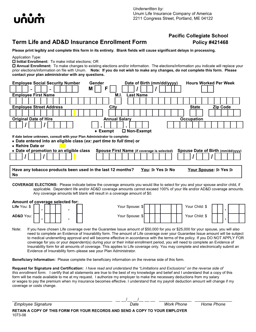 Term Life and AD&D Insurance Enrollment Form Policy #421468