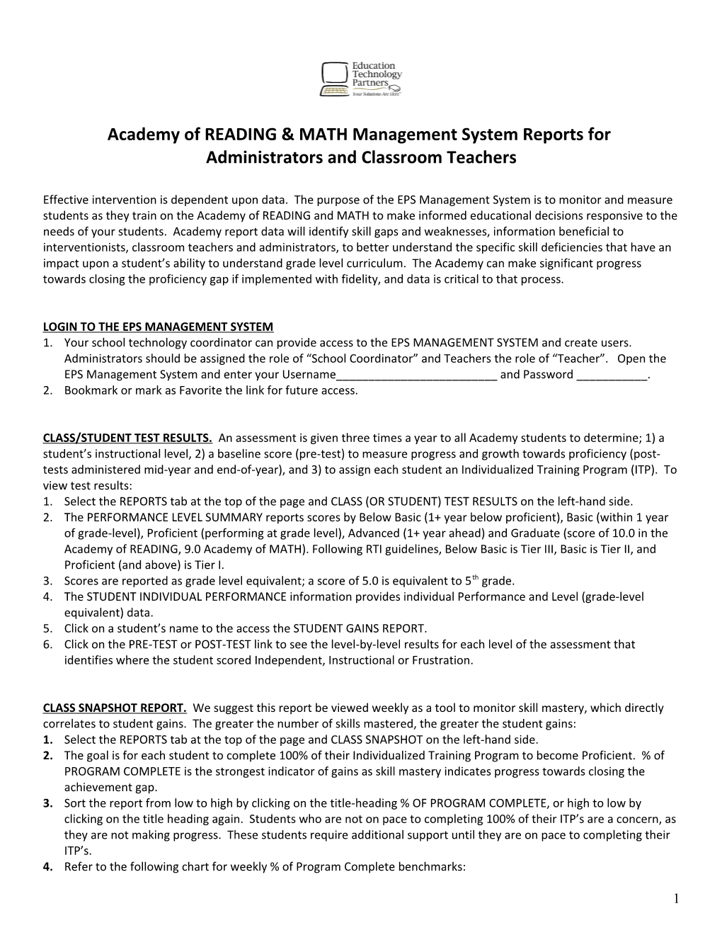 Academy of READING & MATH Management System Reports For