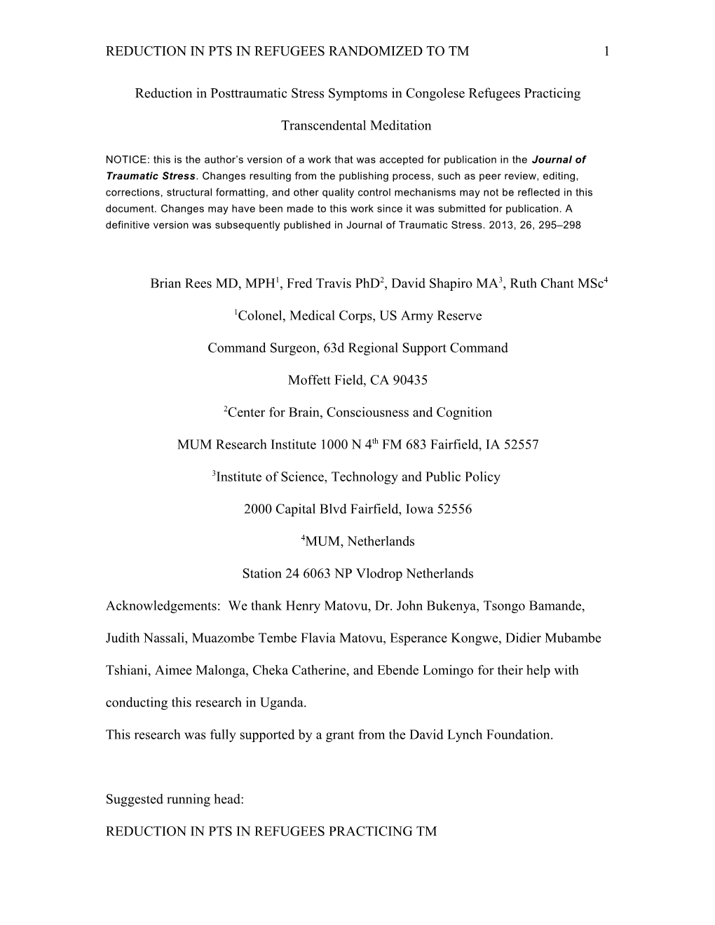 Reduction in Post Traumatic Stress Symptoms in Congolese Refugees Randomized