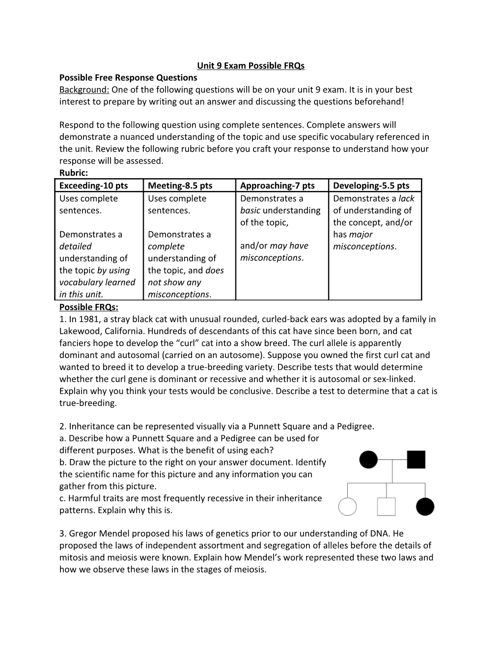 Unit 9 Exam Possible Frqs