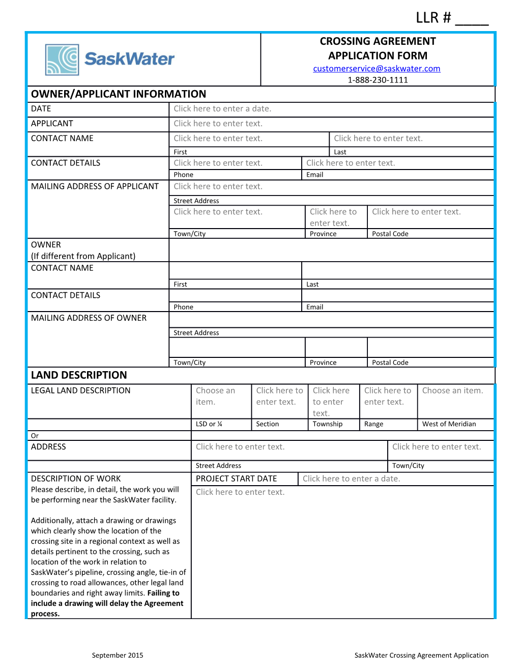 September 2015Saskwater Crossing Agreement Application