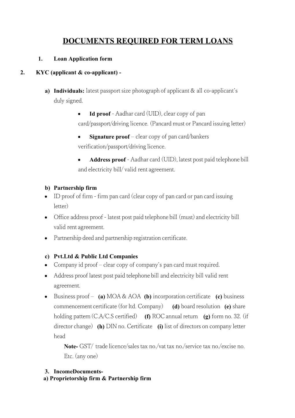 Documents Required for Term Loans