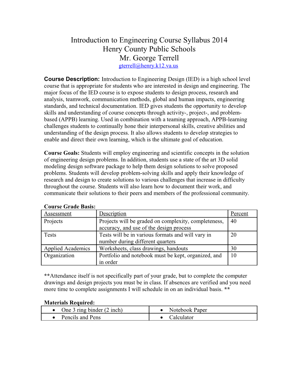 Engineering Design and Development Course Syllabus