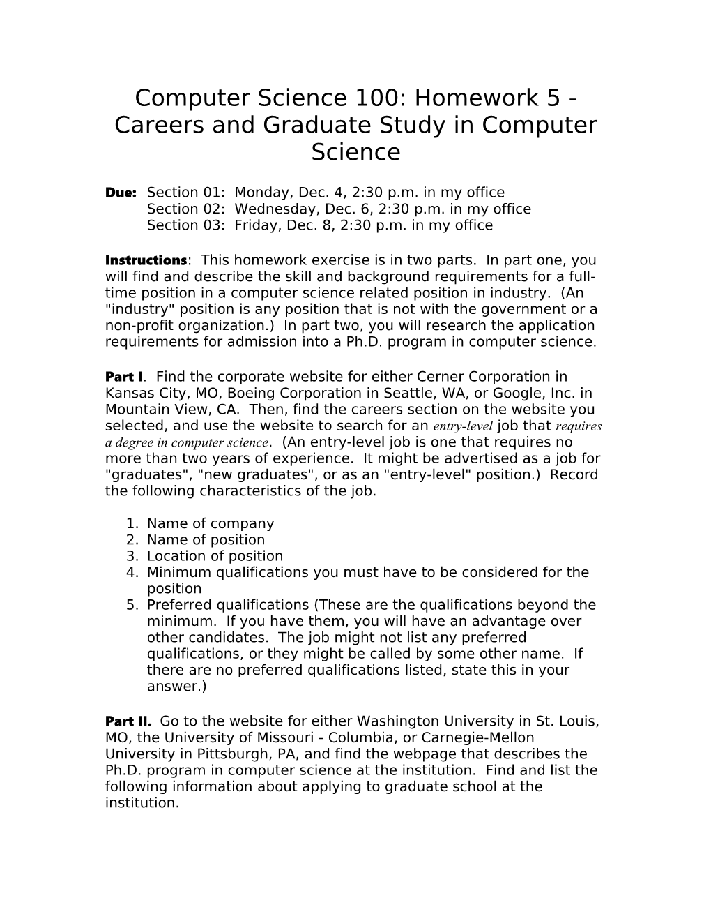 Computer Science 100: Homework 5 - Careers and Graduate Study in Computer Science