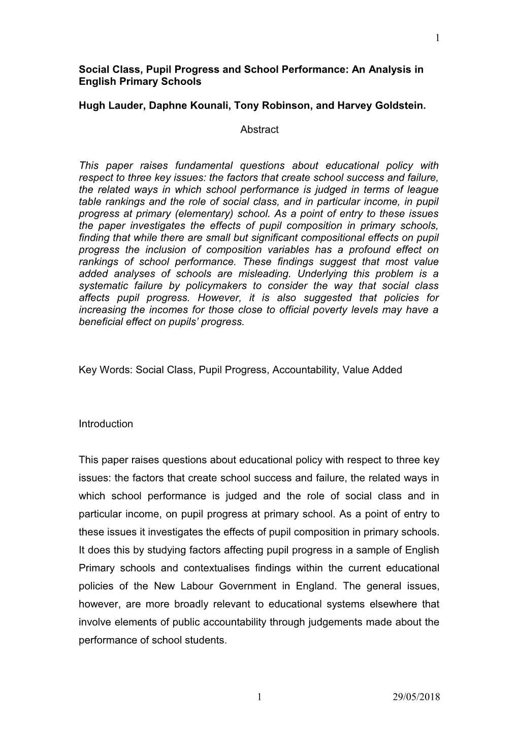 Social Class, Pupil Composition, Pupil Progress and School Performance: an Analysis In