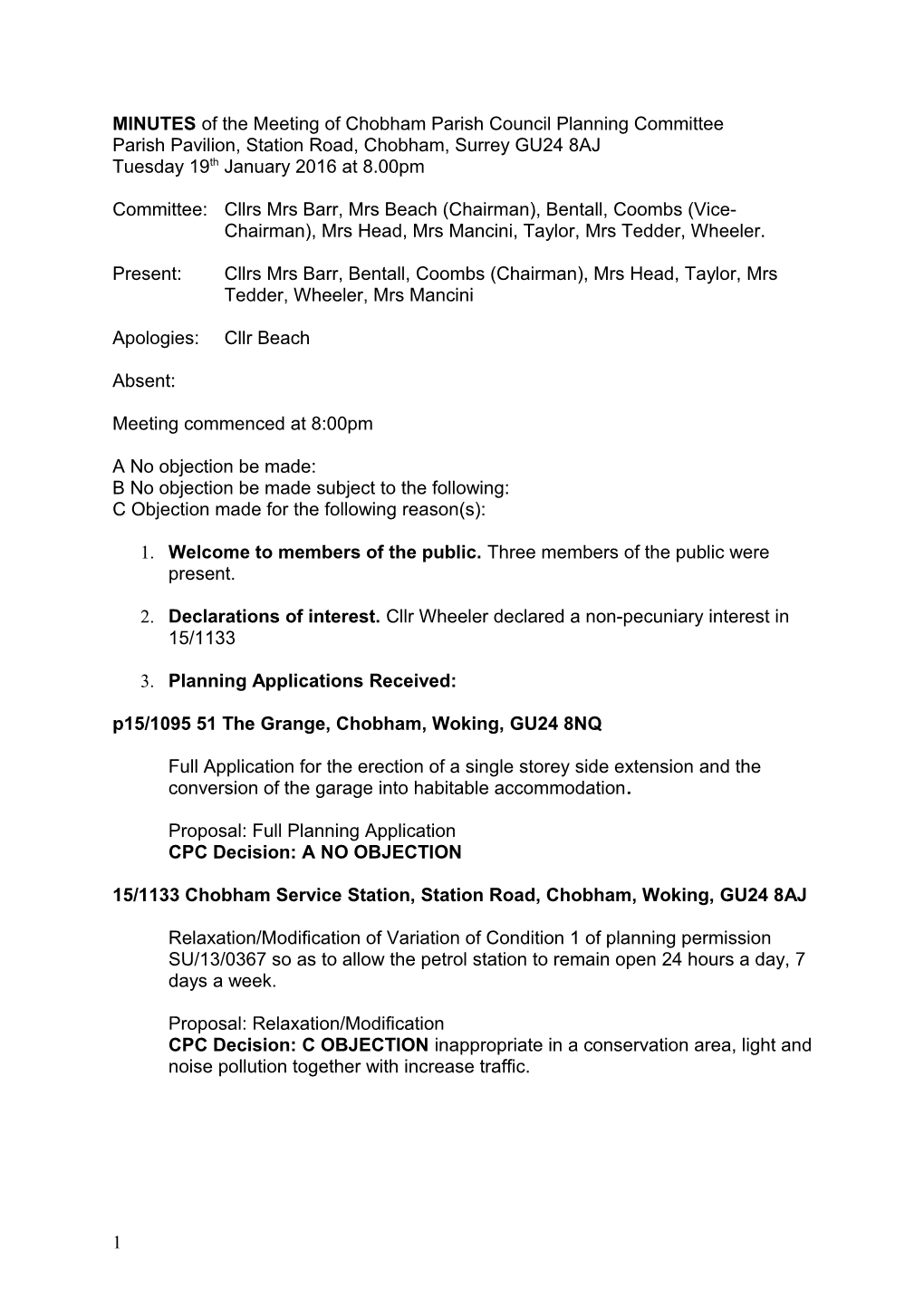 Minutes of the Meeting of Chobham Parish Council Planning Committee